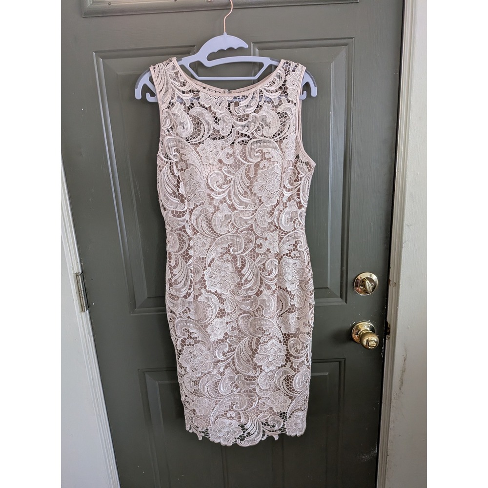 Vintage Cache Champagne Floral‎ Guipure Lace Sheath Cocktail Dress Size 6